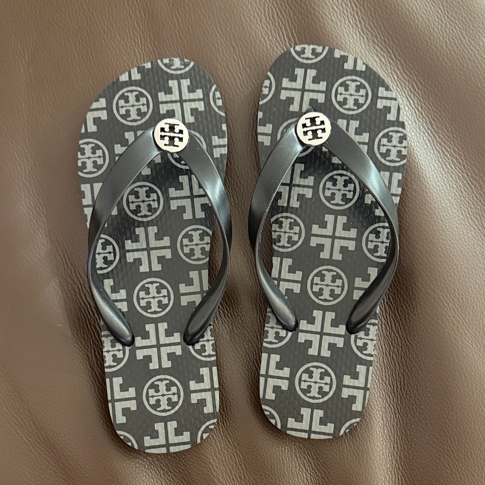 Tory Burch Black and Gray Logo Flip Flops